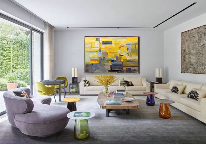 Abstract Painting Extra Large Canvas Art,Horizontal Palette Knife Contemporary Art,Original Abstract Painting Canvas Art,Yellow,Grey,White.etc